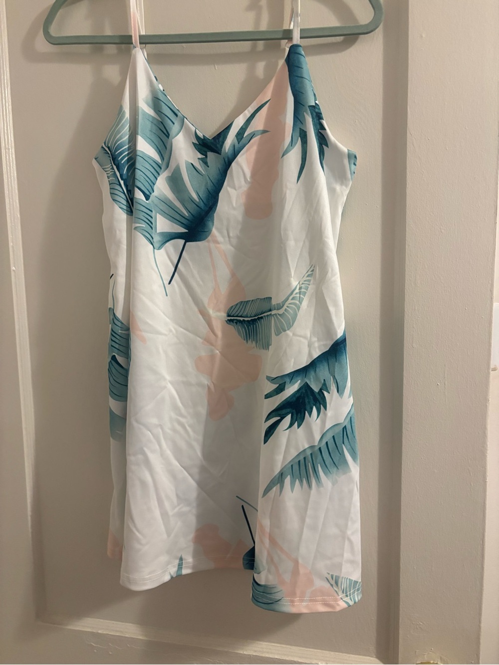 Tropical Leaf Print Slip Dress in Teal & Blush